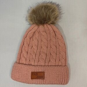 FAS JEANS Pink Cable Knit Beanie Faux Fur Pom Pom Winter Hat Ribbed Cuff